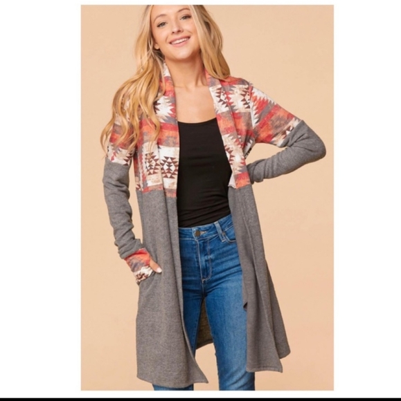 Aztec print at top Sweater Cardigan. - Picture 3 of 9